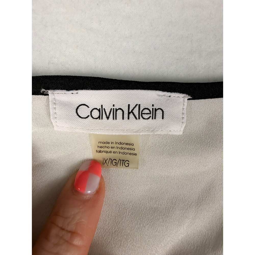 Calvin Klein Womens 1X Cream Cold Shoulder Tie Cuff Blouse Black Contrast Piping - Picture 2 of 7